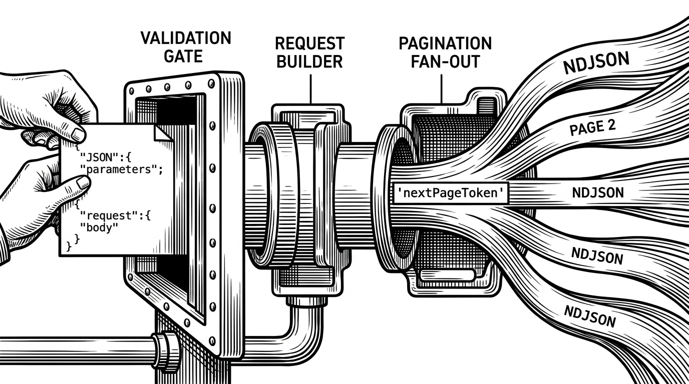 A close-up black-ink machine-room scene shows structured JSON entering a validation gate, moving through a request builder, and splitting into a pagination fan-out. A token-shaped loop routes response pages back into the fetch cycle while output streams downward as a paper-like data flow. The image explains how flags become validated API calls and how pagination is automated.
