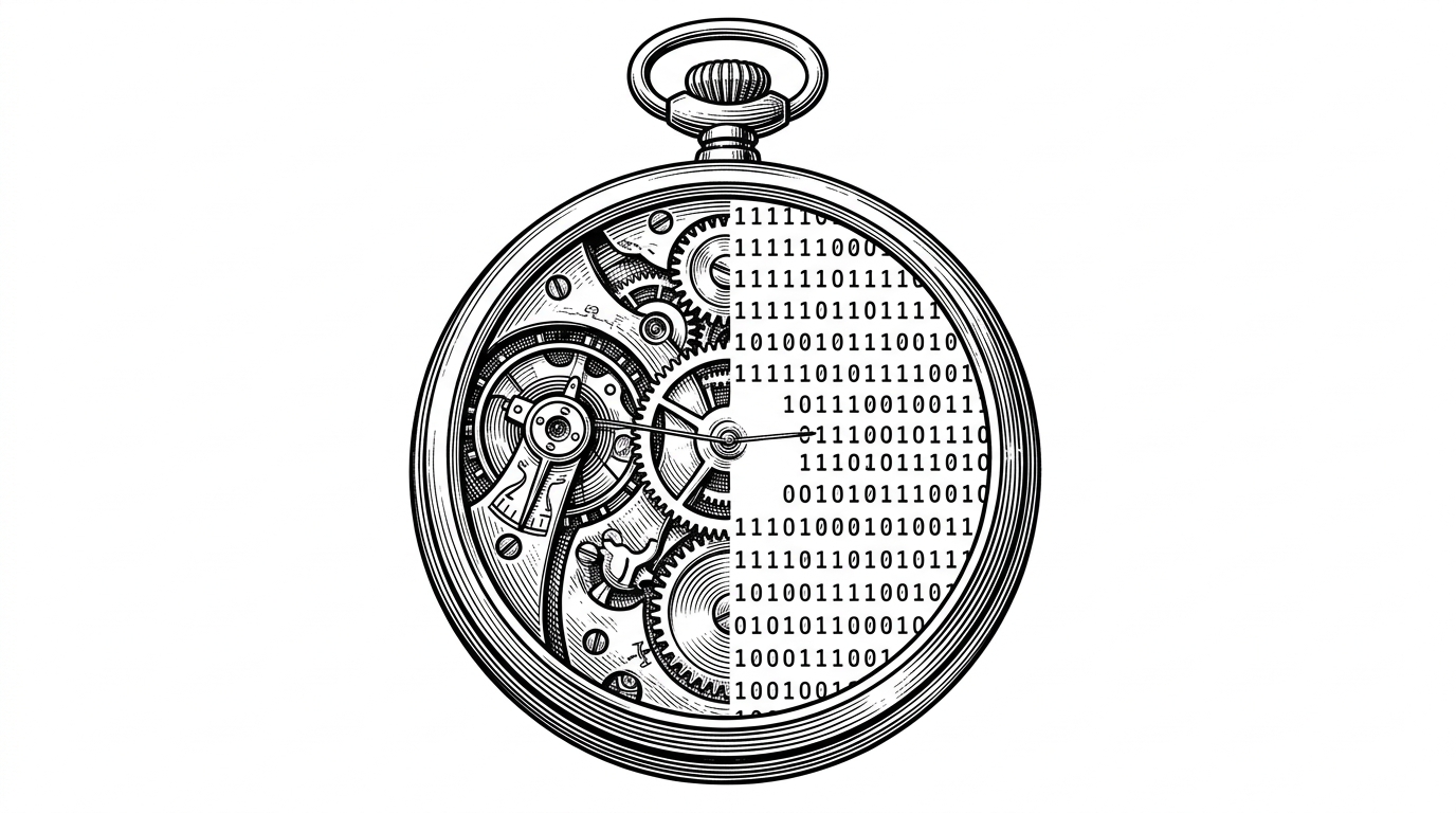 A mechanical pocket watch split down the middle, half physical gears and half digital code. This illustrates the split-brain architecture of the off-chain Python daemon and the on-chain Algorand smart contract.