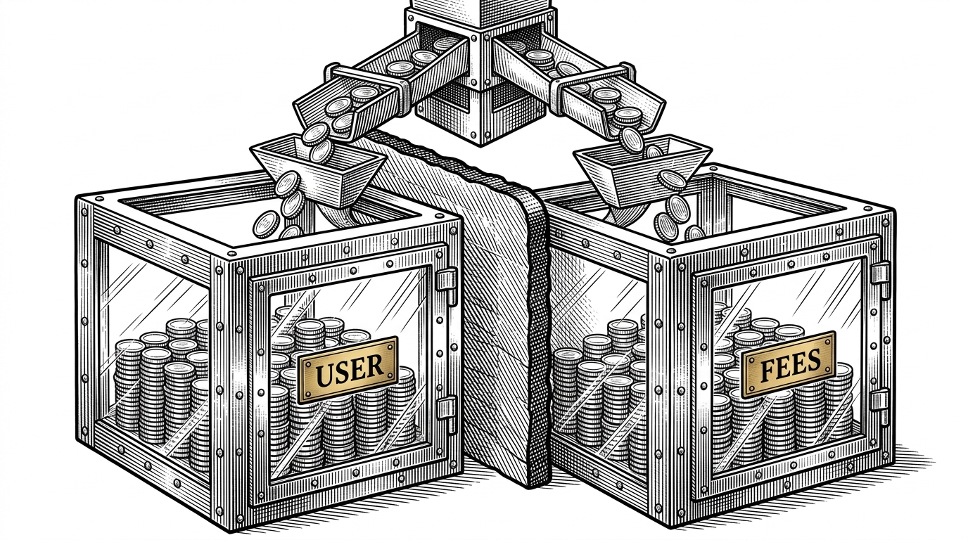 Two heavily armored glass vaults sitting side-by-side, one labeled USER and the other FEES. A mechanical chute sorts coins into each with a thick firewall separating them.