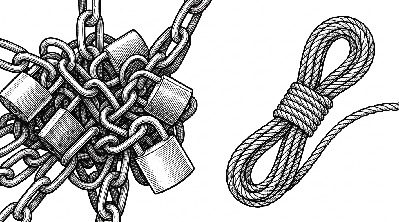 A split composition showing a tangled ball of heavy iron chains on the left and a clean, tightly braided climbing rope on the right.