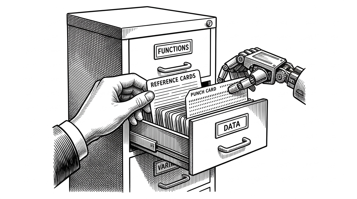 A steel filing cabinet where a human hand and a robotic hand simultaneously pull reference cards from the same drawer, representing a dual interface for developers and AI.