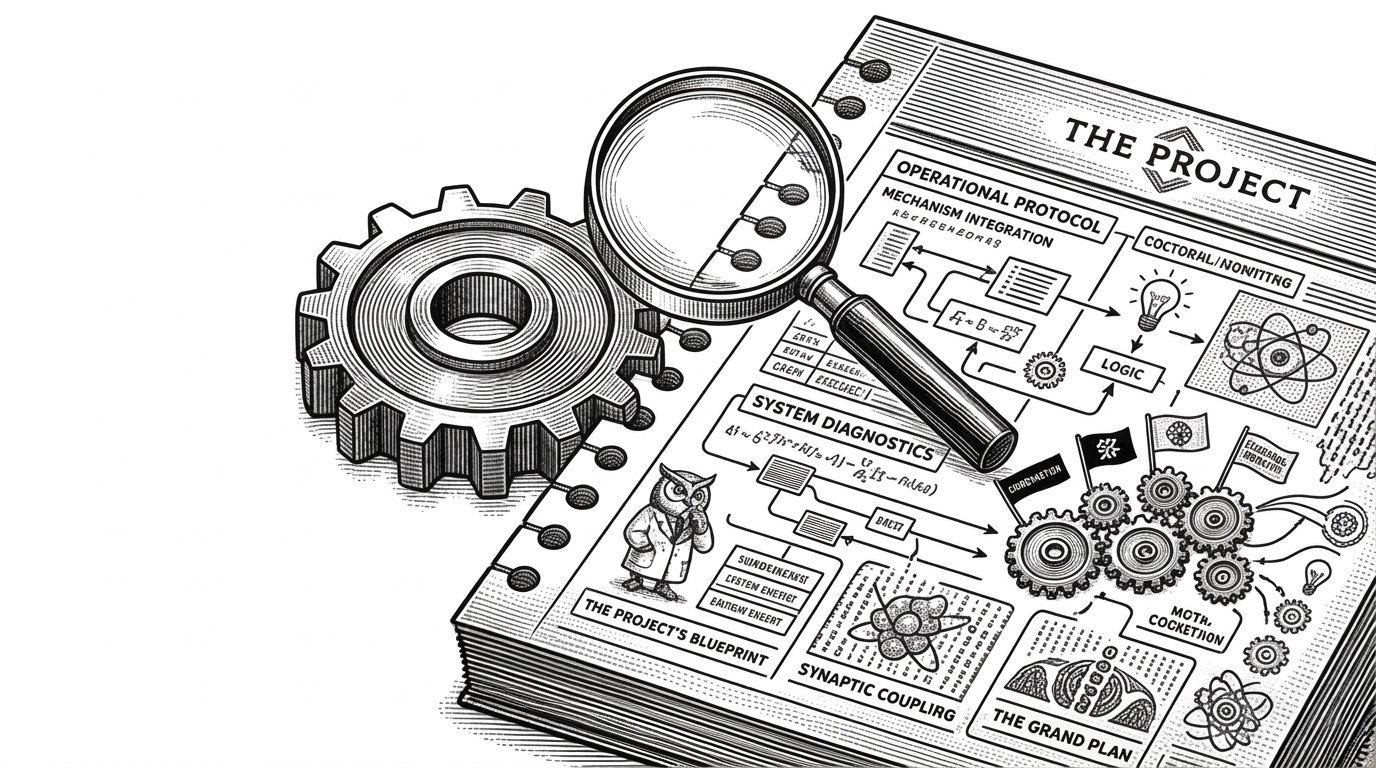 A single metal gear mechanism perfectly interlocking with the perforations of a printed manual page, viewed through a magnifying glass.