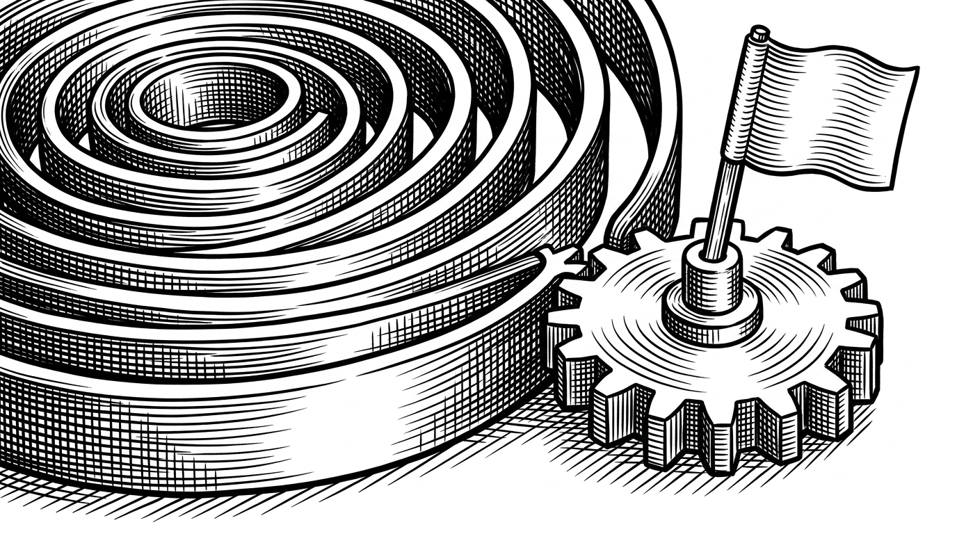 A tightly wound spring mechanism that has deliberately disengaged a single gear to prevent overheating, with a small mechanical flag raised.