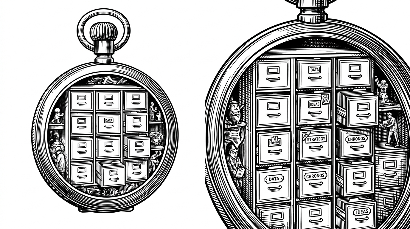 A classic pocket watch where the internal gears are replaced by a miniature, highly organized filing cabinet, representing the structured, deterministic state machine replacing chaotic LLM loops.