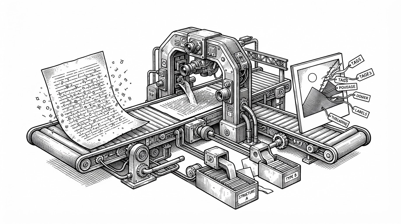 A wide editorial scene shows a single file moving through three distinct cleanup zones. Invisible glyphs drift inside a page on the left, a format-aware scanner gate sits in the center, and metadata tags peel out of an image container on the right. It explains that provenance can hide in text, structure, and file metadata at once.