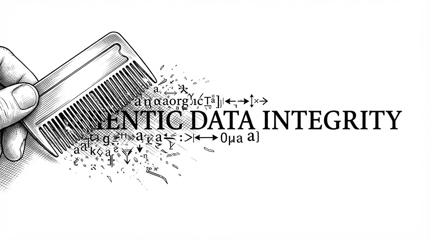 A tight close-up shows a line of text with visible letters surrounded by hairline invisible marks, zero-width gaps, and confusable character substitutions. A comb-like cleaning tool passes through the line, removing hidden markers while leaving the readable text intact. It explains why Unicode hygiene is effective, but also why it must be deterministic and careful.