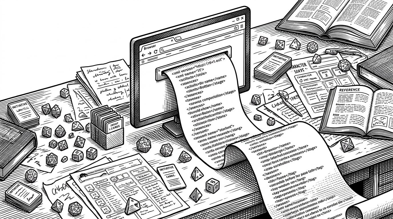 A wide editorial scene shows a Dungeon Master desk with dice, notes, and index cards surrounding a browser window that emits a clean XML scroll. The image frames the app as a compiler for tabletop prep, turning messy human notes into structured data.