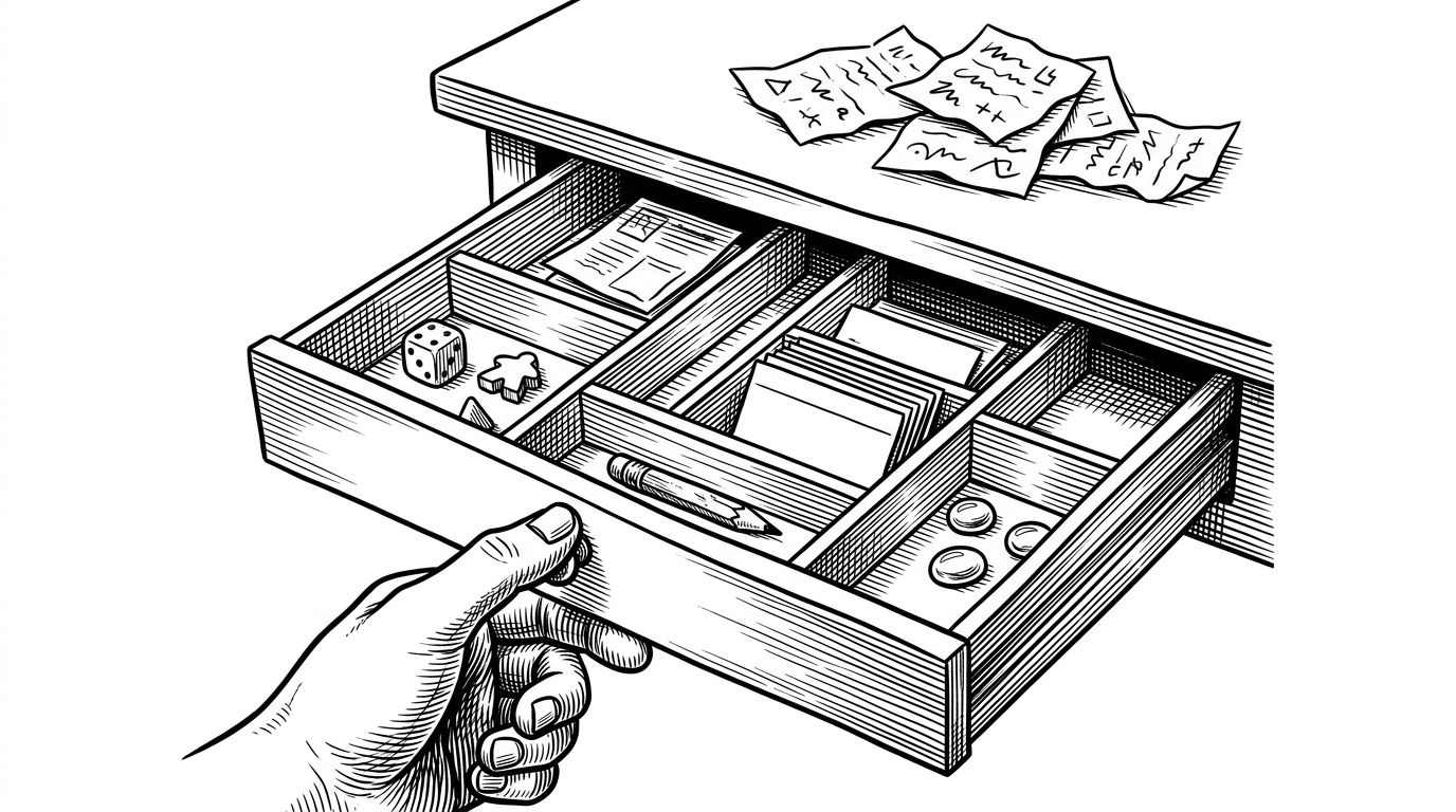 A close editorial illustration shows a hand opening a shallow drawer organizer where each compartment holds a different kind of tabletop note, card, or token. The composition suggests that the app turns loose game notes into neatly separated data fields.