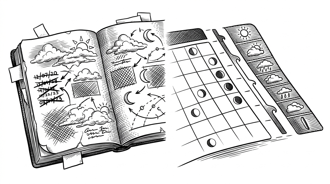 A split desk scene contrasts a notebook full of disconnected moon scribbles and weather notes with a clean dashboard where the same state stays synchronized. The image explains the central tradeoff: manual tracking versus one unified simulation.