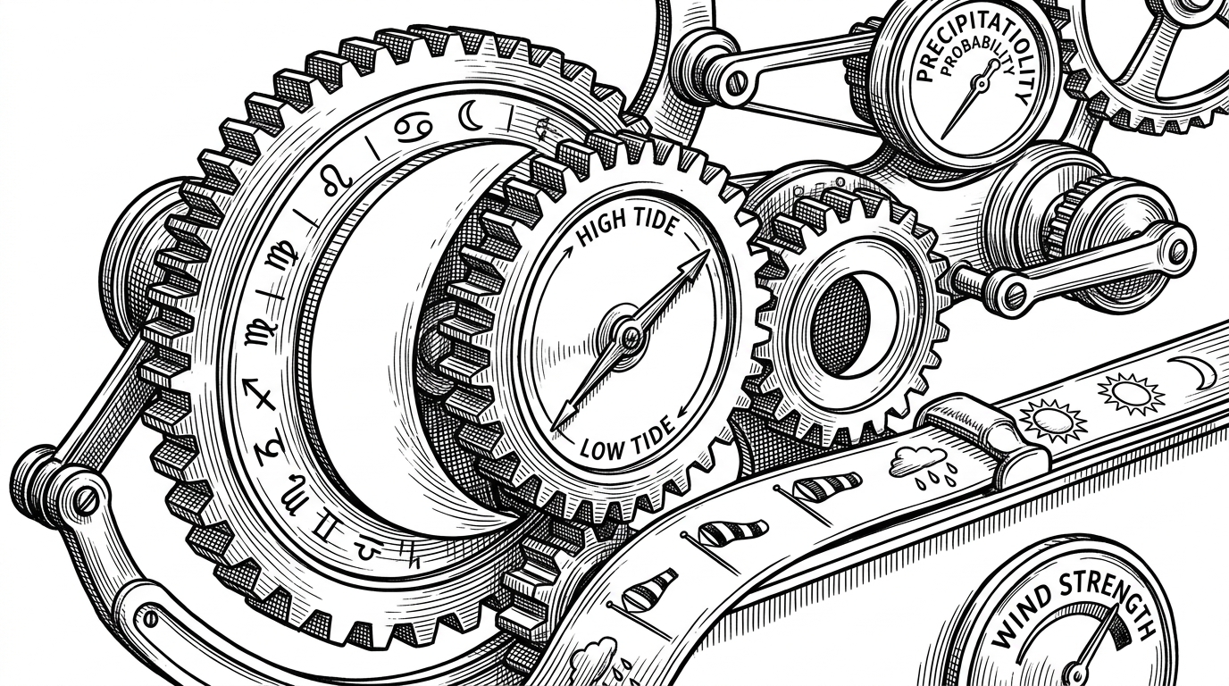 Two interlocking gears stand in for Greyhawk's two moons, and their motion pushes a tide needle while nudging a weather ribbon forward. The image shows that celestial cycles are not decorative here, because they drive the rest of the world state.