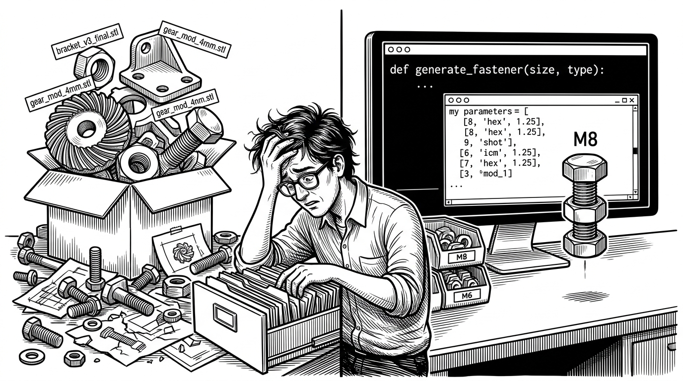 A split editorial illustration with a cluttered stack of downloaded STL files and loose hardware on the left, and a clean Python function call producing a standard fastener or bearing on the right. It contrasts scavenging files with generating exact parts from data.