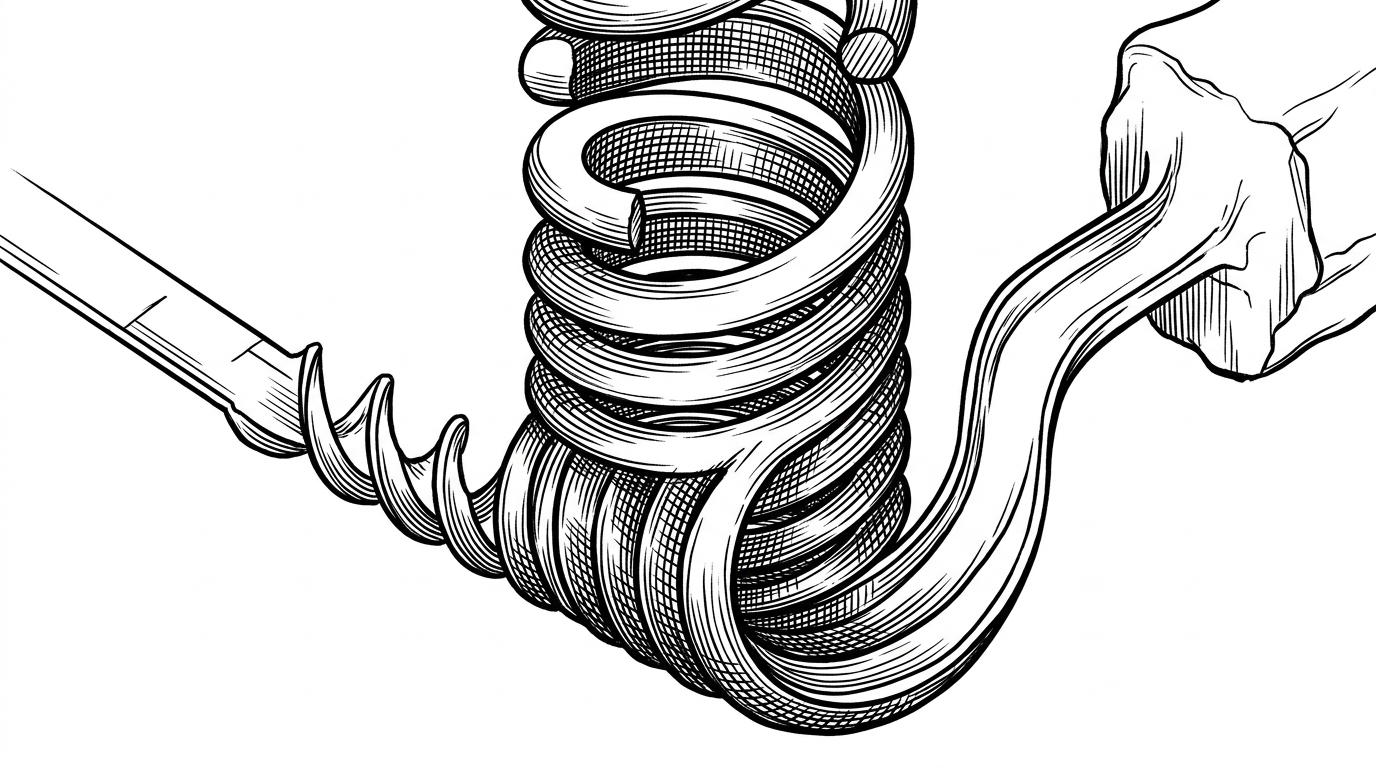 A close-up editorial illustration of a helical thread forming from a flat sketch line into a three-dimensional spiral. A narrow bypass path sits beside it, showing the simpler iteration mode that skips the expensive full geometry until final export.