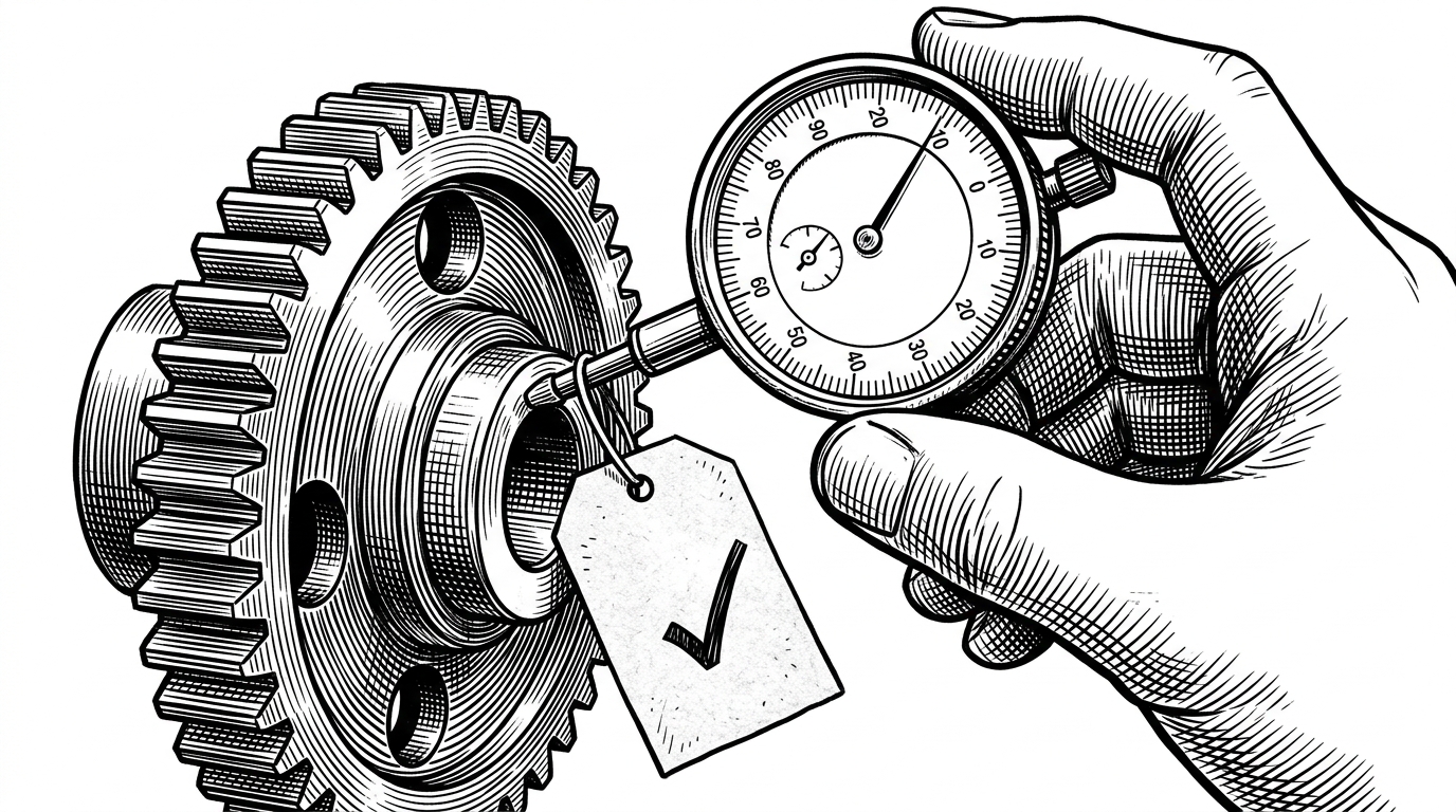 A close-up of a mechanical inspector's gauge pressing against a precisely machined gear, with a small paper tag hanging from the gear showing a cleanly printed checkmark. Represents CI/CD and unit testing applied to physical geometry.