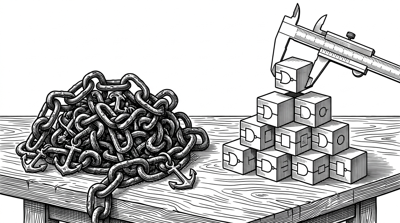A heavy, tangled iron chain resting on a wooden workbench next to a set of pristine, modular metal blocks being neatly stacked by drafting calipers. Represents the transition from messy, chained operations to clean, modular components.