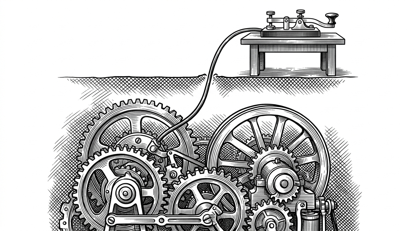 A massive, complicated clockwork engine buried underground connected by a single thick cable to a simple, elegant set of telegraph keys above ground. Visualizes the abstraction layer between the high-level Python API and the low-level C++ kernel.