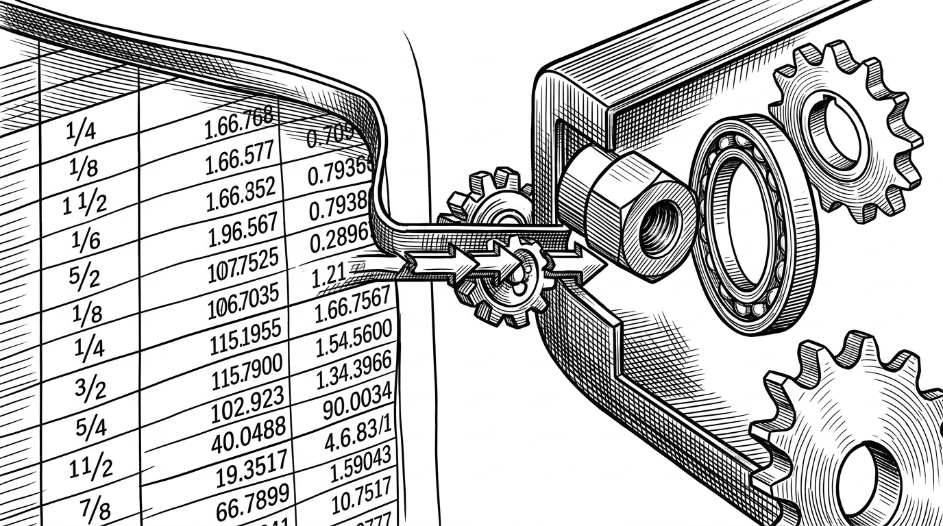 A close-up pipeline showing a CSV sheet with rows of imperial fractions and metric dimensions flowing into a normalized geometry engine. On the other side of the pipeline, the rows become clean parametric solids, illustrating how the library separates standards data from shape generation.