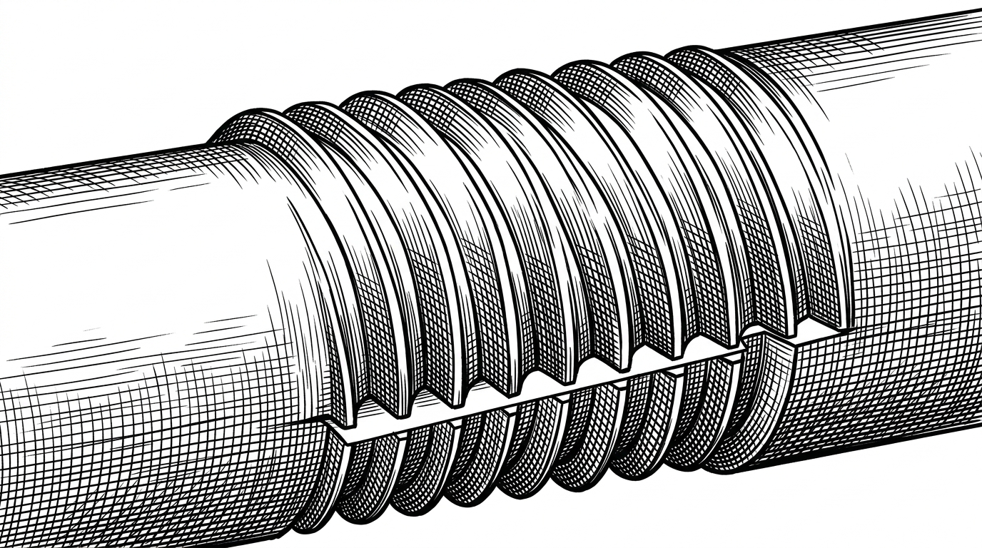 A close-up helical thread wrapped around a cylinder, with a tiny tapered zone at the root where extra material prevents a boolean failure. The image explains that the library has to compromise with CAD kernel reality to keep the generated geometry stable.