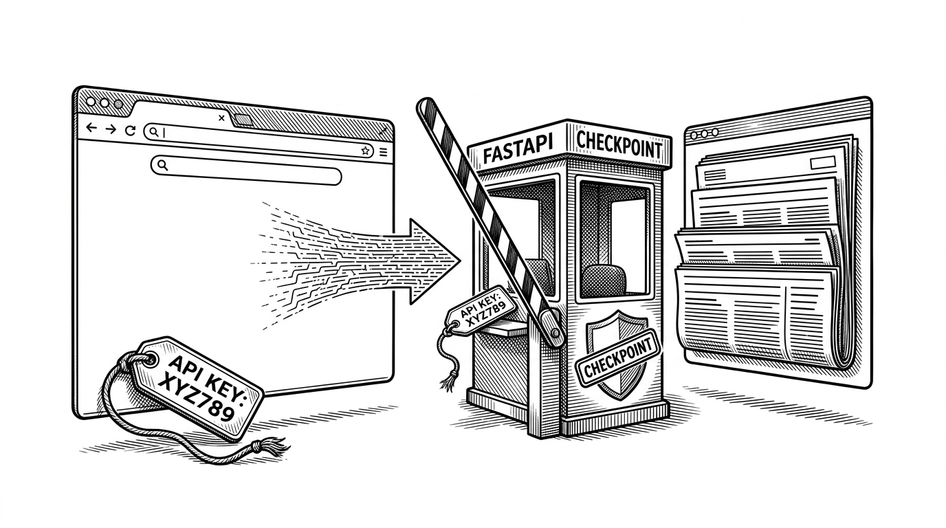 A browser window on the left leaks a visible key toward an open news source, while a compact gateway in the middle intercepts the request and shields the upstream feed. The scene explains the repo’s core pattern: the browser talks to FastAPI, and FastAPI protects the NewsAPI key.