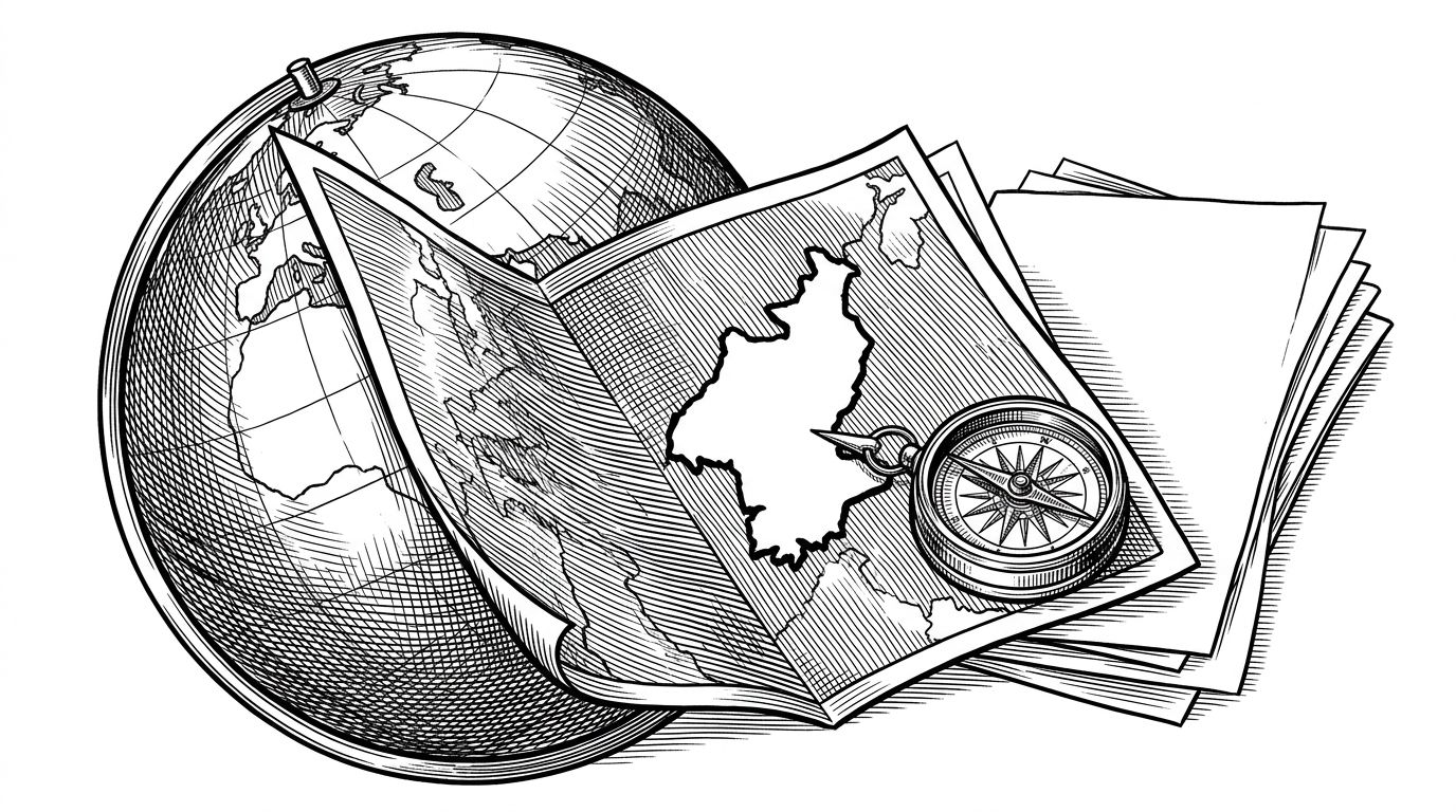 A newspaper-sized globe sits beside a single marked region, with a compass needle locked onto one country-shaped target. The image explains how a hardcoded regional default changes the app from generic to opinionated.