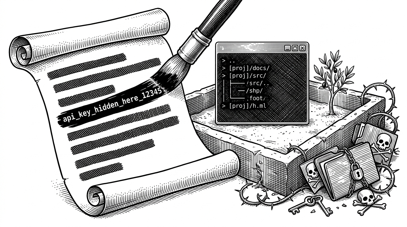 A close-up of a command stream where sensitive tokens are blacked out by a redaction pass while a hard boundary keeps a terminal window inside an approved workspace. The image explains that preemption only works when the agent is constrained by safety rails, not just speed.