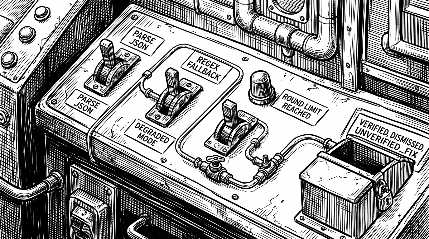 A close-up control panel of shell switches, valves, and indicator lights. One switch is labeled parse JSON, another regex fallback, another degraded mode, and a red lamp signals the round limit. Ink threads move through the valves toward a locked bin labeled verified, dismissed, unverified_fix, showing how the loop survives messy model output.