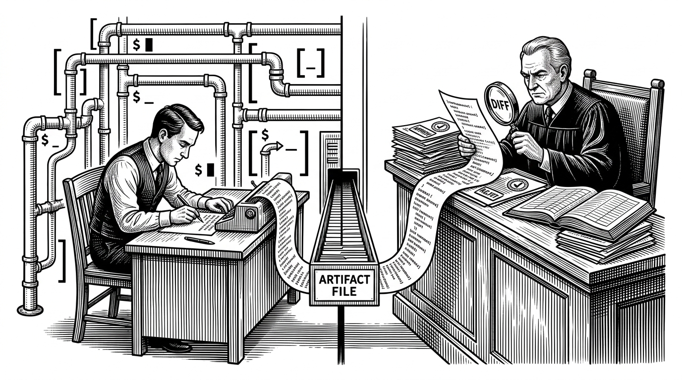 A wide courtroom scene built from Unix shell elements. A clerk-like creator model writes code on the left, while a judge-like reviewer model studies the output on the right with a magnifying glass over a diff. A narrow filing chute carries artifacts forward between them, explaining how the system separates generation from review.