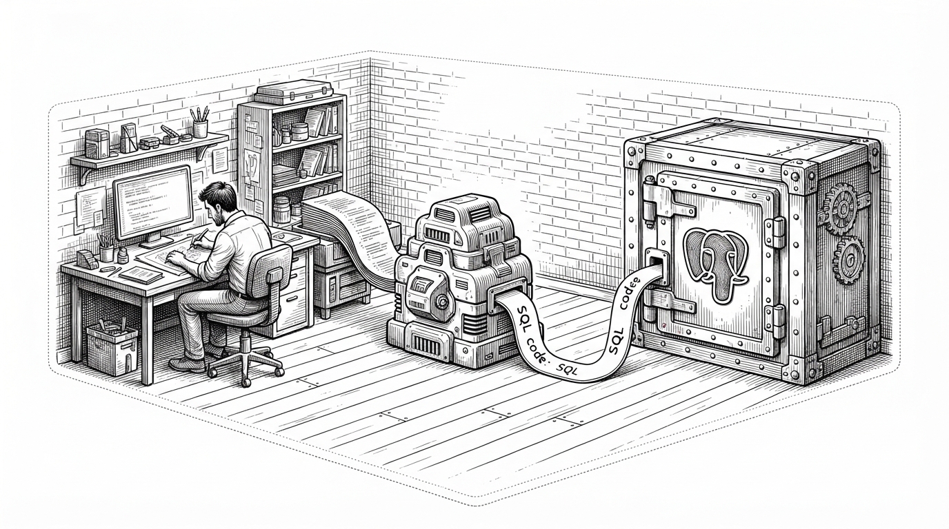 A workstation sits inside a sealed room with a PostgreSQL vault, a compact local model, and a paper schema feeding into the same enclosed system. The scene explains how the app keeps query generation and database access inside one trust boundary instead of handing the job to a remote cloud service.