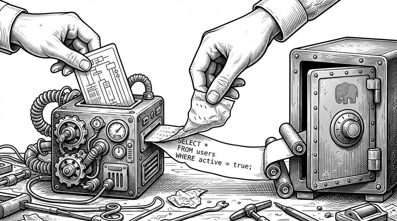 A close-up of a hand passing a schema card into a small machine while another hand peels away markdown fences from a generated query strip before it reaches a database vault. The image explains the repo's most important implementation detail: raw LLM output is cleaned before execution.