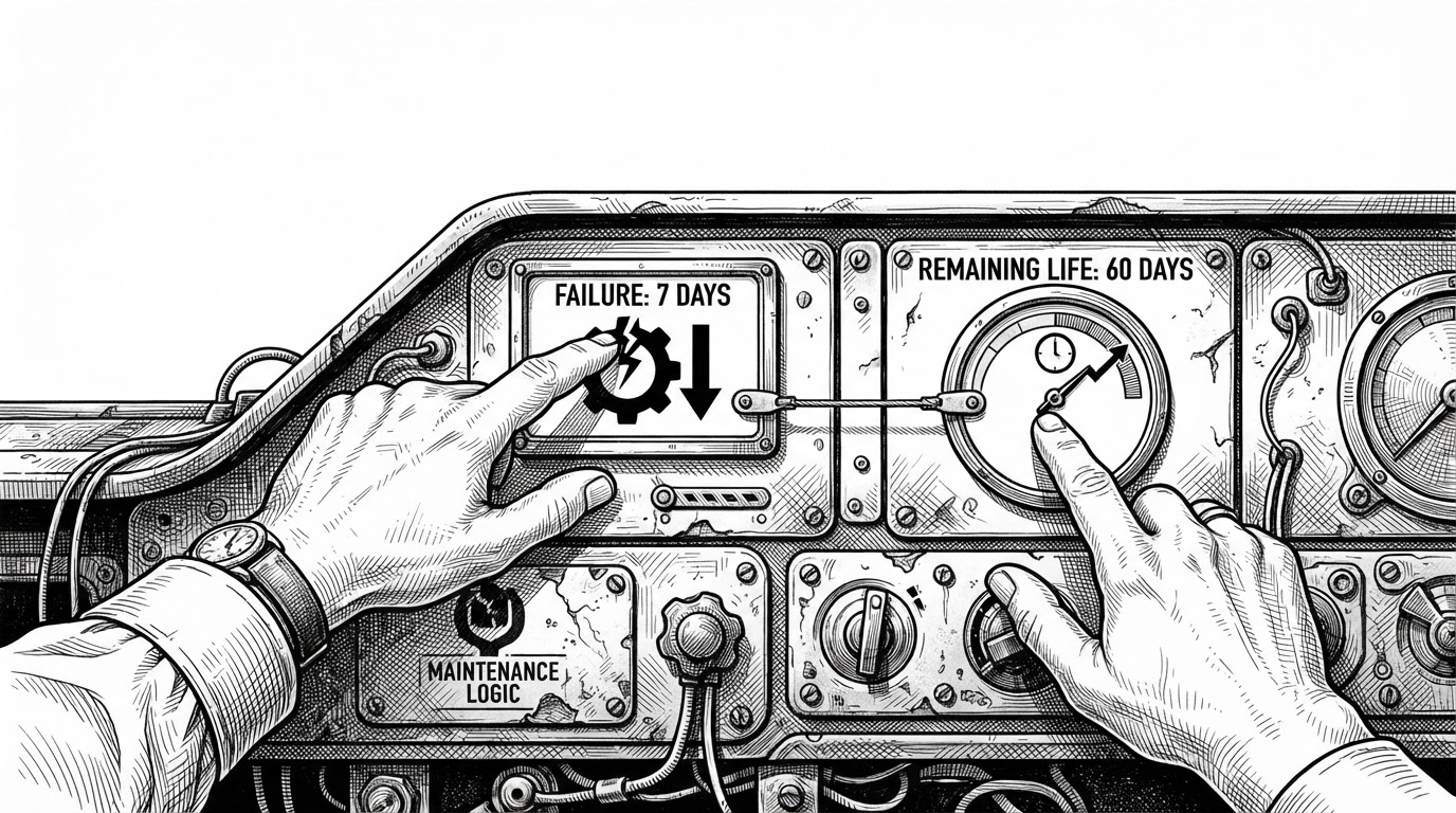 A close-up of two hands hovering over the same maintenance dashboard, one pointing to a failure warning card and the other to a remaining-useful-life gauge. A thin bridge connects both outputs, showing that the repository treats classification and regression as two parts of one decision.