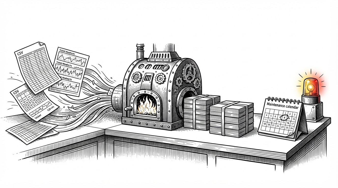 A factory control desk where raw sensor sheets and telemetry streams enter from the left, pass through a central processing engine, and emerge on the right as a circled maintenance date and a machine status indicator. The image explains how noisy industrial data becomes a concrete maintenance deadline.