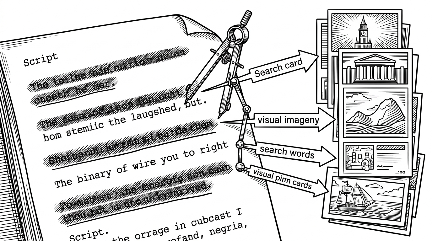 A close-up editorial scene showing a sheet of narration on the left and a stack of visual asset thumbnails on the right. A drafting compass and mechanical arm convert highlighted phrases from the script into search cards, which then point toward footage candidates. The image explains how the project bridges writing and visual direction.