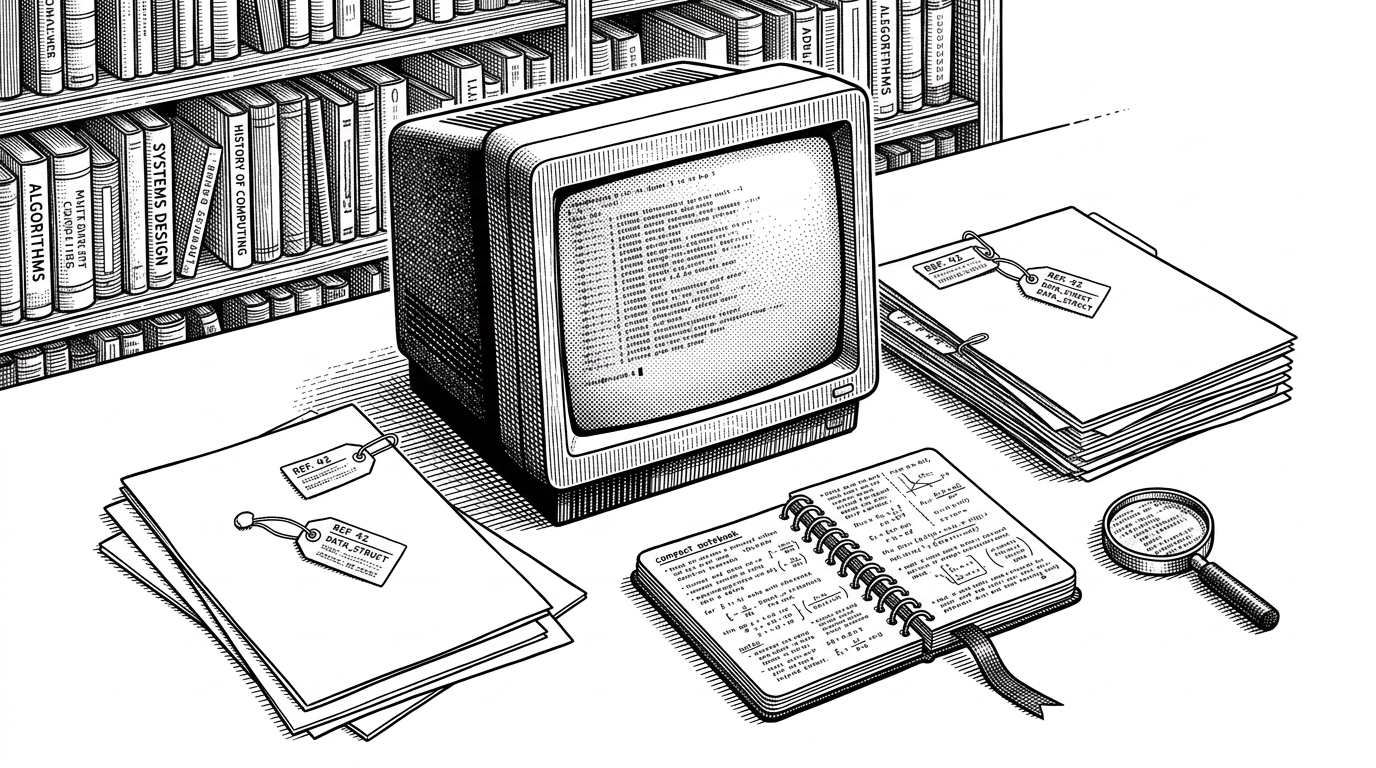 A lone terminal sits on a desk beside neat stacks of papers, tags, and index cards, all arranged like parts of a librarian's toolkit. The scene explains the project's core idea: research management built for keyboard-driven workflows instead of a heavy graphical interface.