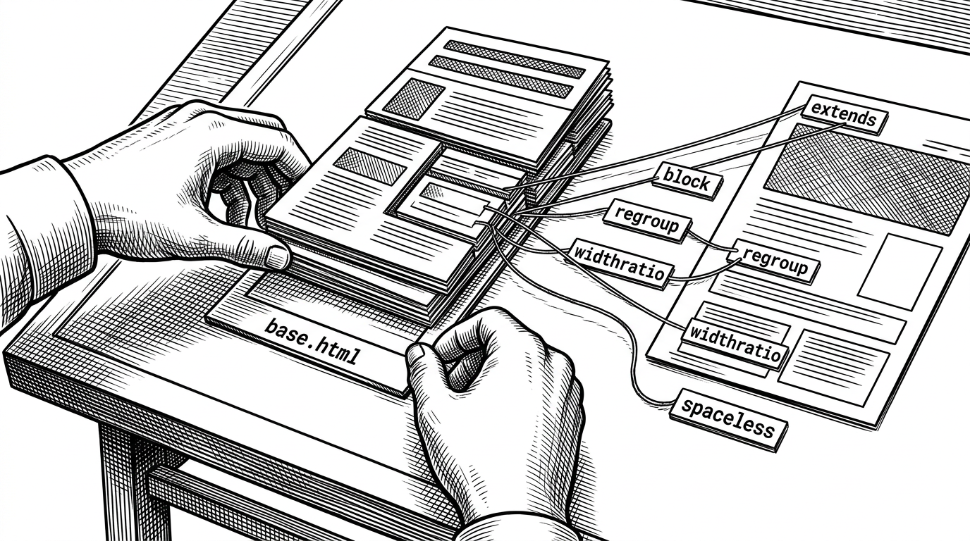 A close-up of hands assembling a template stack. A base page sits underneath smaller page fragments, and thin strings connect template tags to visible page output. It explains how inheritance and template logic turn duplicated page markup into reusable structure.