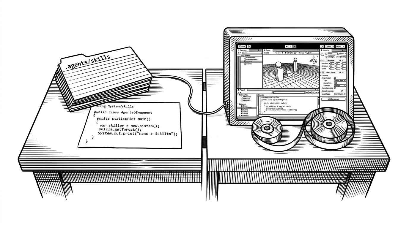 A close-up split workbench with skill cards on one side and a live Unity interface on the other. The left side shows a stack of `.agents/skills` cards and a C# snippet, while the right side shows a UI state and a replay spool looping back to the start. The image explains how skills steer execution and how failures can be rerun deterministically.