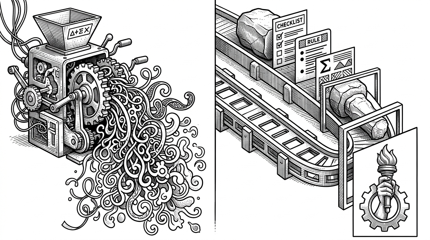 A close-up split composition contrasts two drawing systems. On the left, a glossy generic prompt machine releases decorative blobs and ornamental clutter. On the right, a constrained path with a checklist, style card, and narrow frame produces a clean metaphor-driven output. The scene explains why the repo prefers discipline over visual noise.