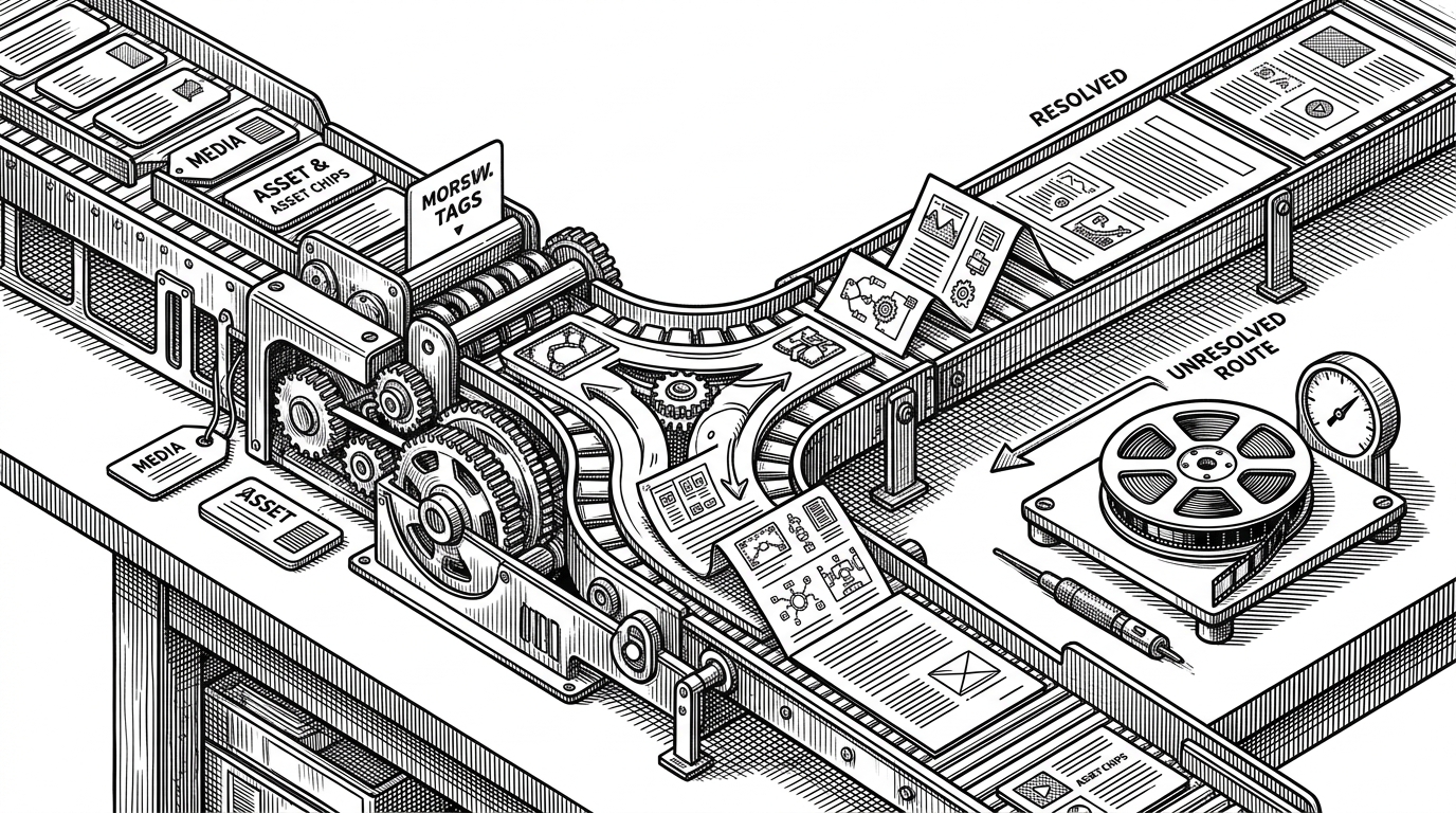 A close-up pipeline sorts HTML cards, media tags, and asset chips through a compact machine. One branch resolves media and inlines small assets, while another branch sends unresolved durations toward a probe tool. This explains how HyperFrames prepares portable HTML for rendering.