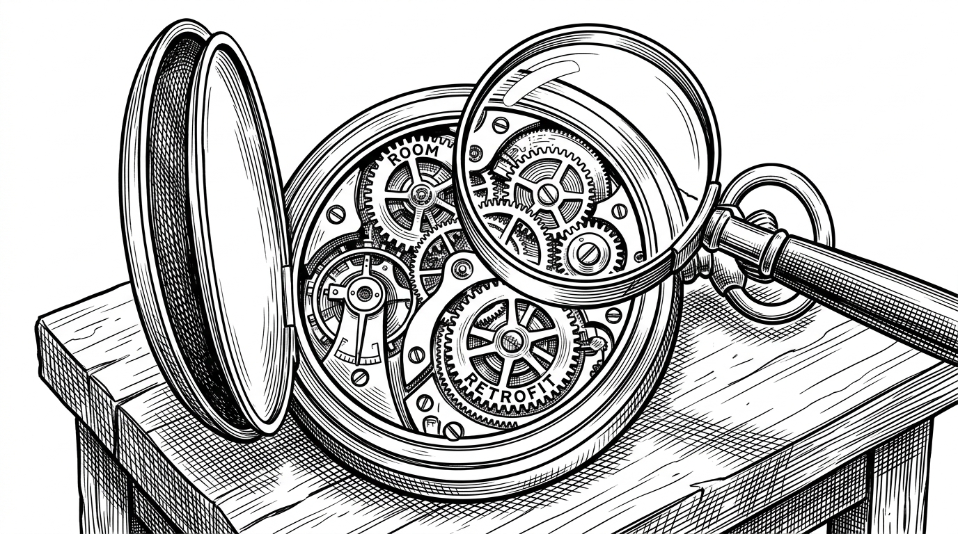 A classic mechanical pocket watch opened up, resting on a workbench. The tightly interlocking brass gears inside represent Room, Retrofit, and RxJava. A jeweler's magnifying glass hovers over the mechanism, bringing a specific cluster of gears into sharp focus. This illustrates the metaphor of examining a complex, older, but perfectly functional mechanism.