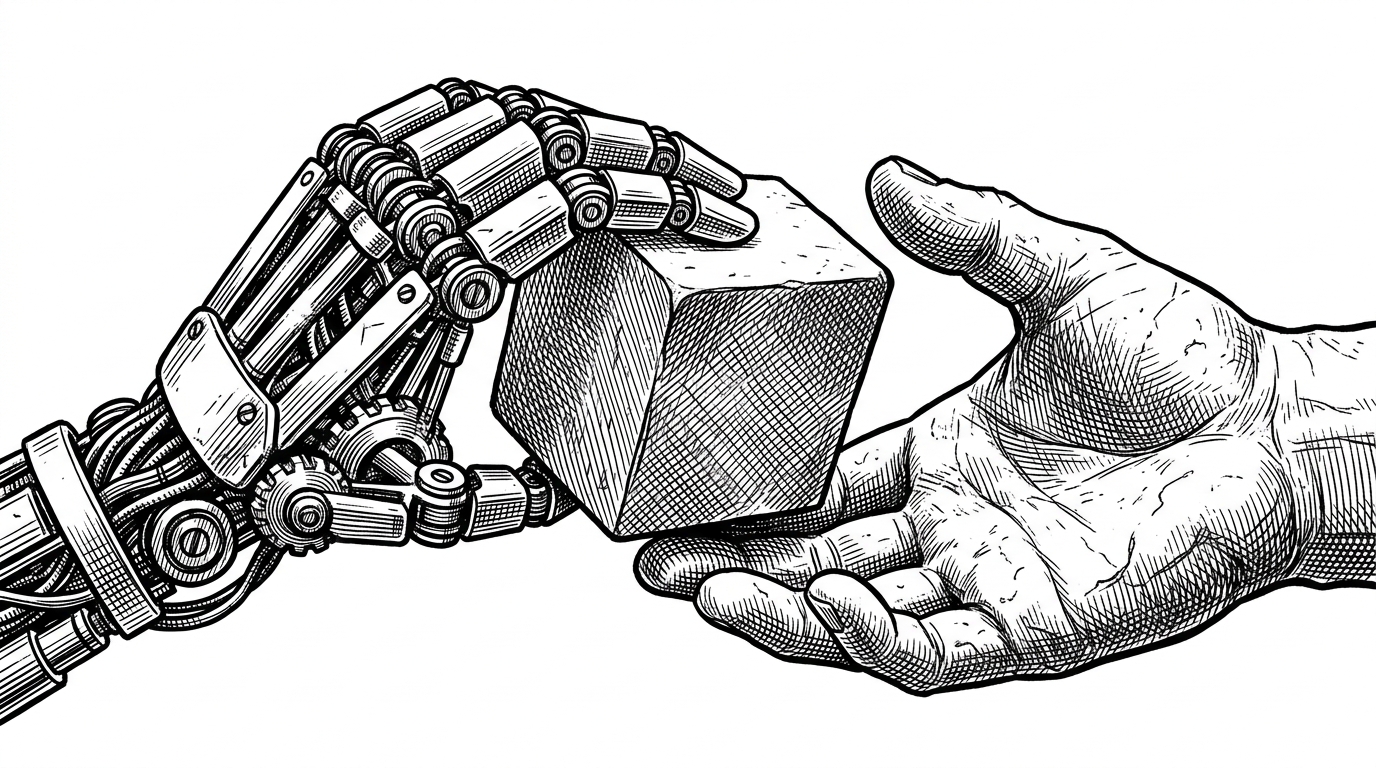 A relay race baton pass captured in extreme close-up. One metallic, robotic hand is passing a solid, heavy cube into a stone-carved hand.