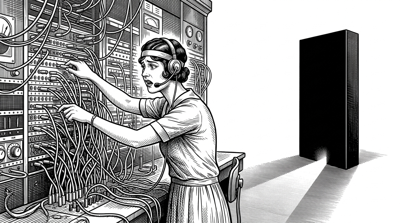 The composition is split into two halves. The left side depicts a 1920s switchboard operator frantically plugging dozens of tangled cables into a massive wall. The right side depicts a sleek, modern, featureless black monolith glowing quietly with a single beam of light.