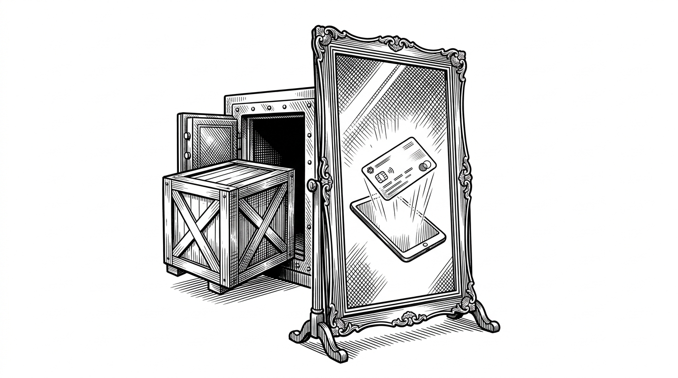 An ornate physical mirror standing in a digital void. A heavy 3D crate is pushed into a dark vault on one side, while its glowing, lightweight reflection appears instantly on a handheld tablet. This illustrates the concept of using a lightweight database pointer to represent heavy object storage.