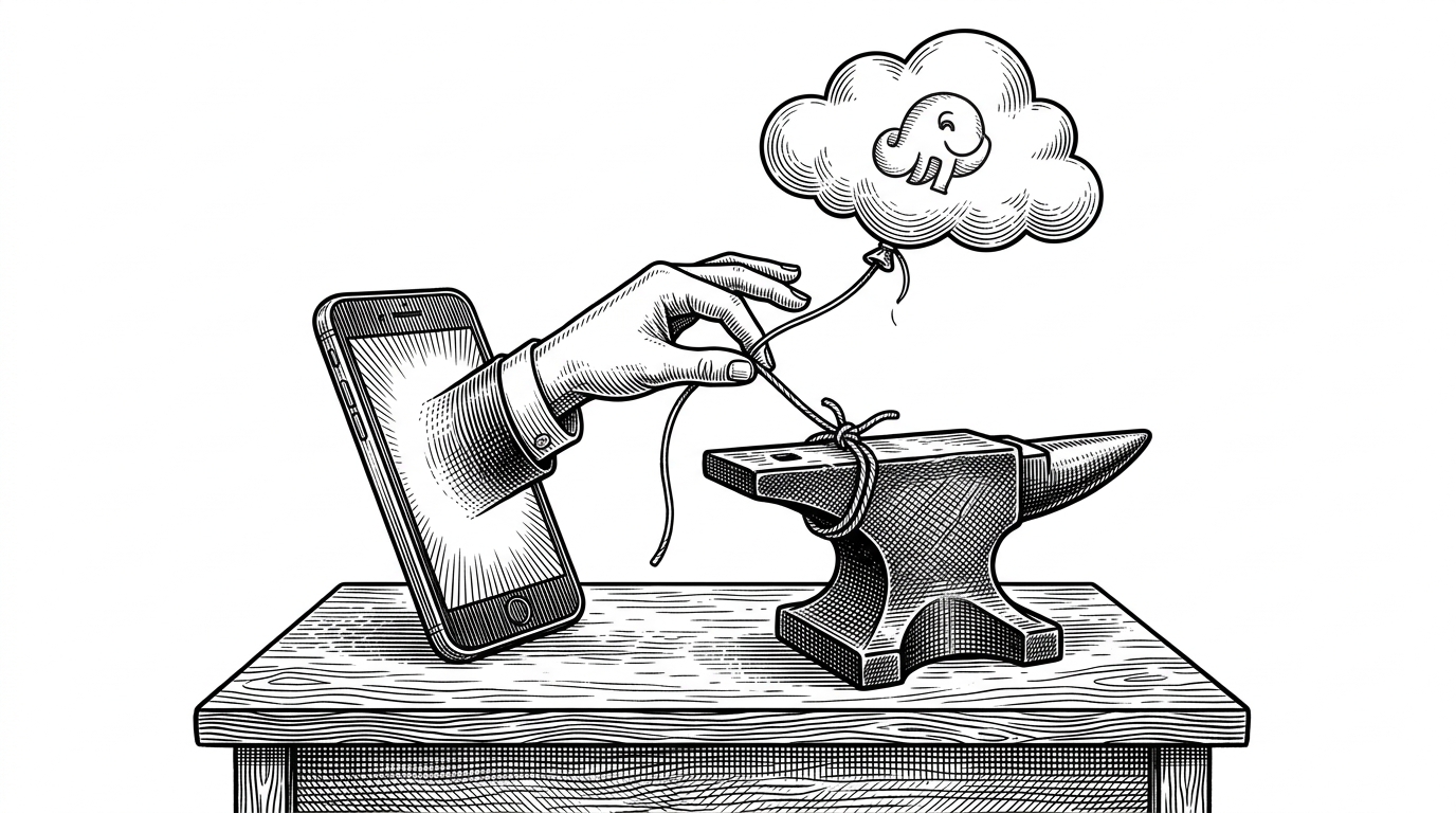 A human hand reaching out of a smartphone screen to grab a floating, ethereal cloud-shaped balloon. The hand is tethering the balloon to a heavy iron anvil sitting on a wooden desk. This represents bringing cloud assets back to local physical storage.