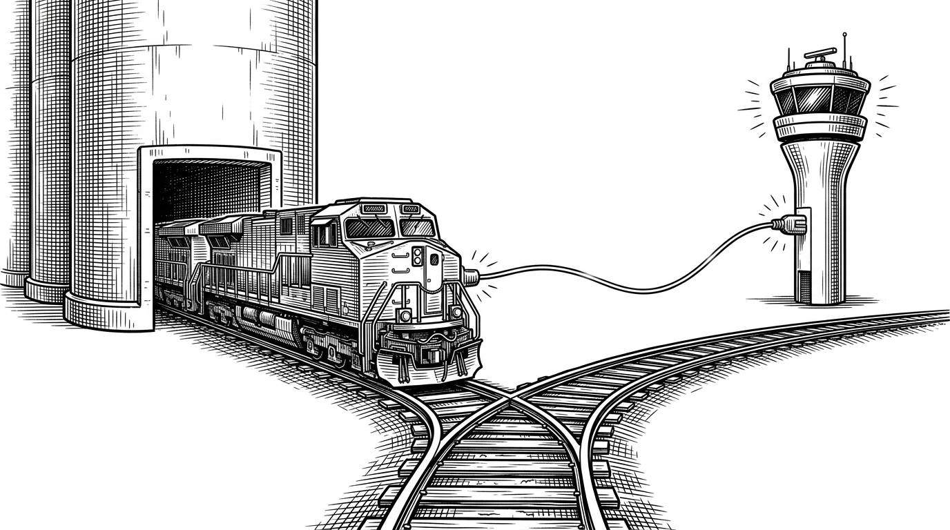 A close-up of a high-speed rail track splitting into two. A heavy freight train goes left into a massive industrial silo, while a single gold-threaded wire zips right into a glowing control tower. This visualizes the dual-path upload strategy of separating binary data from metadata.
