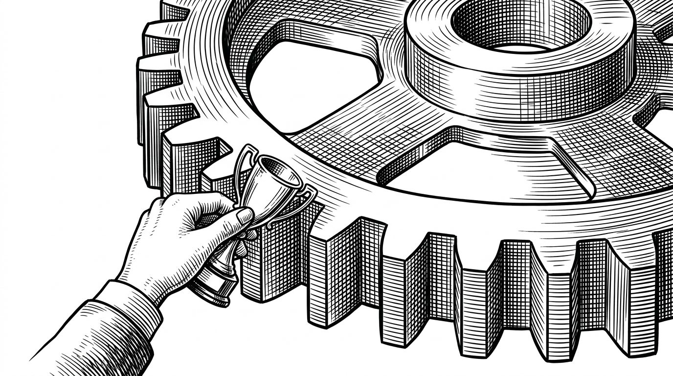 A close-up drawing of a mechanical gear being polished by a small hand holding a trophy, representing the gamification of daily work tasks.