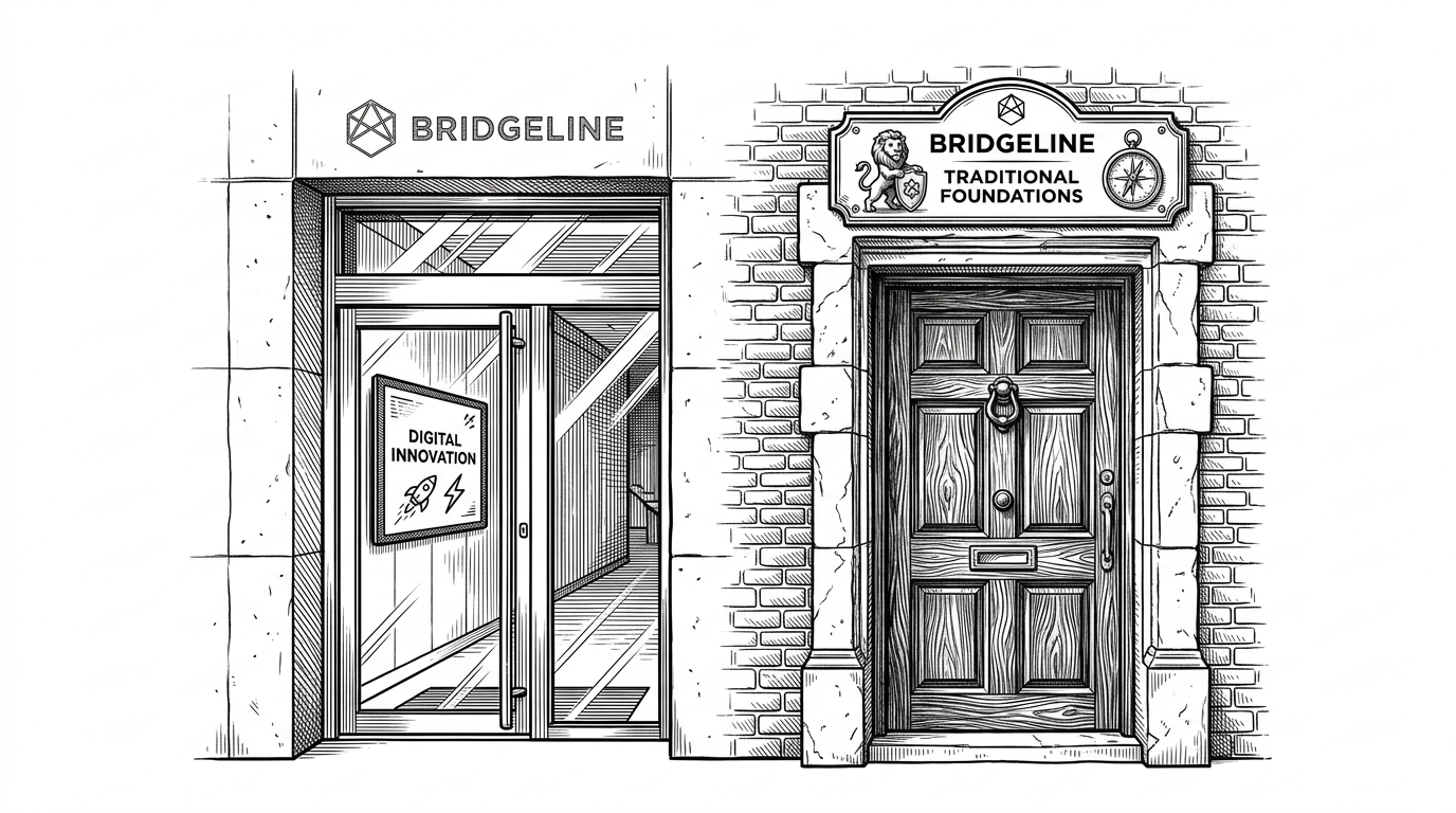 A line drawing of a single building with two distinct entrances: one sleek glass door and one heavy wooden door, illustrating two different user experiences in the same application.