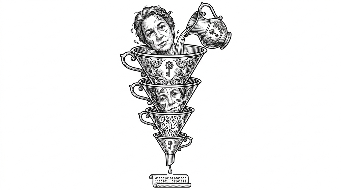 A series of ornate, decreasingly sized funnels. A complex portrait is poured into the top; a simple string of 128 digits drips out the bottom.