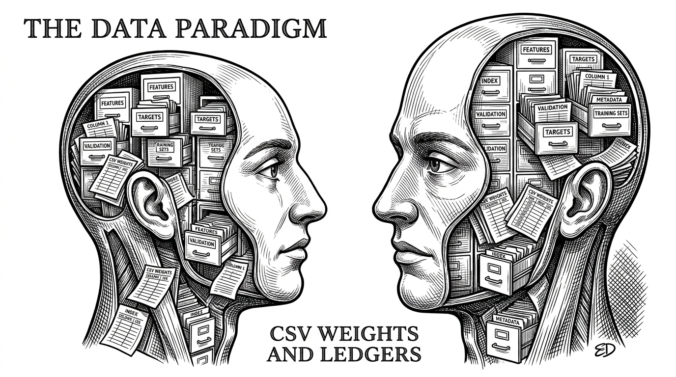 A vintage anatomical drawing of a human head, but instead of muscles, the skin is peeled back to reveal stacks of filing cabinets and ledger papers.