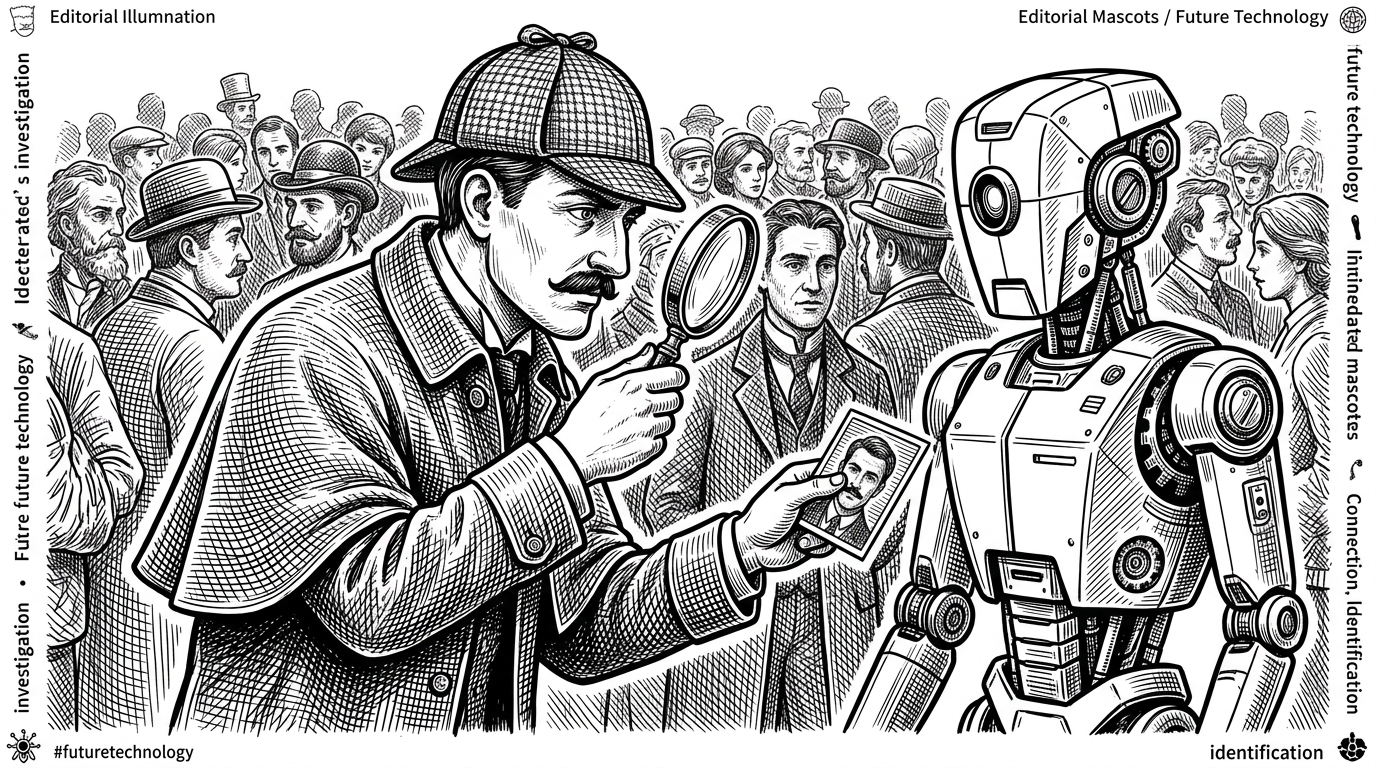 A 19th-century detective with a magnifying glass finding a face in a crowd and handing a cropped photo to a futuristic robot.