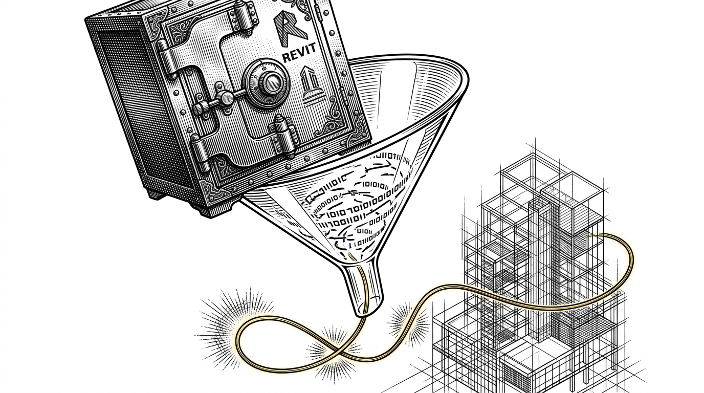 An editorial illustration showing a Victorian-style safe being funnelled into a glowing wireframe building.