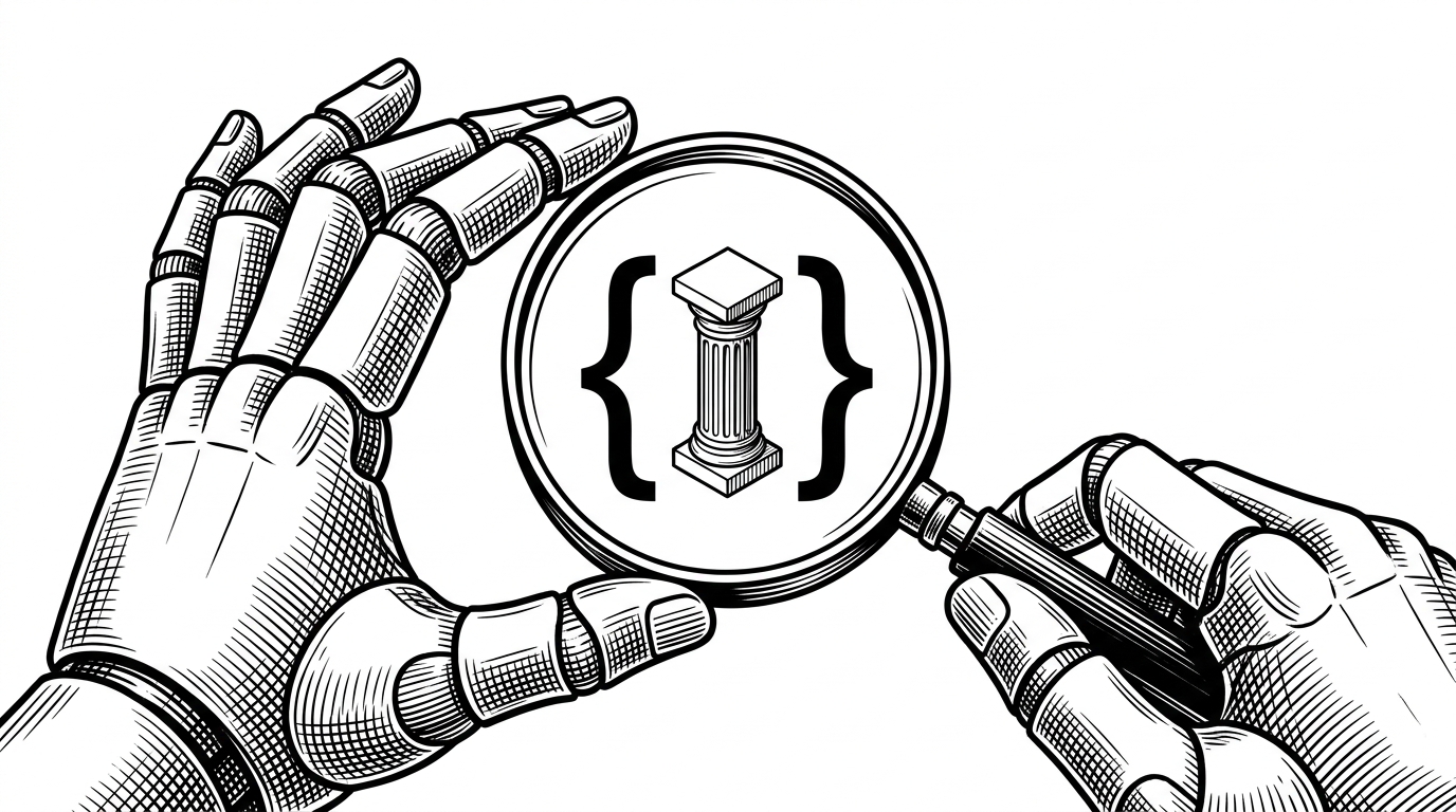 An editorial illustration of mechanical hands holding a magnifying glass over a JSON bracket, with a tiny 3D column growing inside.