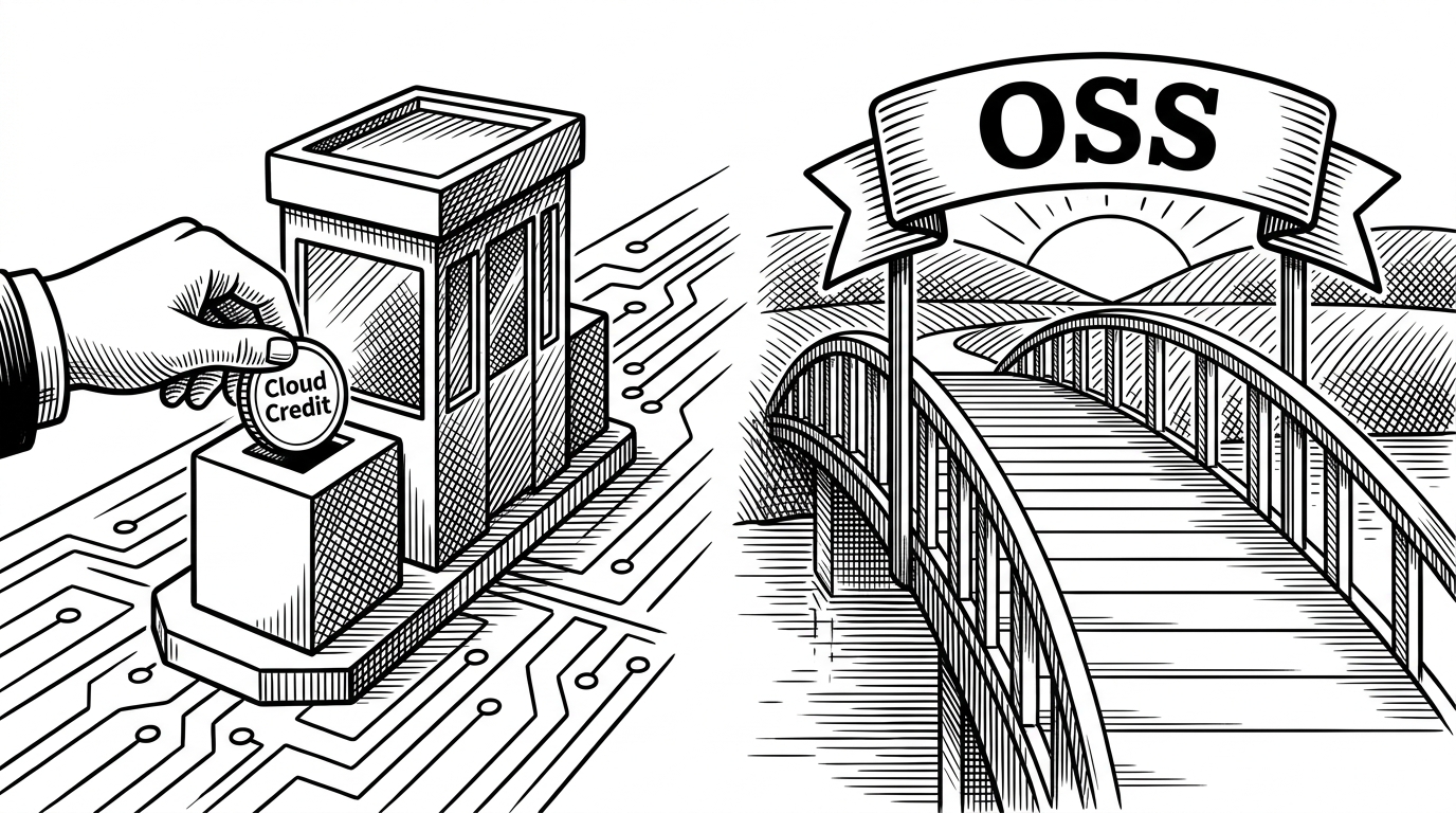 An editorial illustration split in half, showing a toll booth on one side and an open bridge on the other.